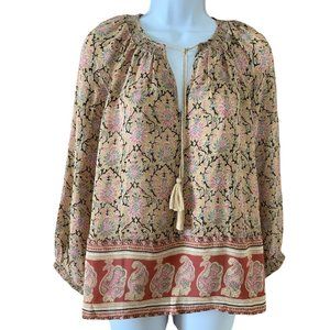 Lucky Brand Women's Peasant Top Keyhole Tassel Tie Neck Floral Bohemian Small